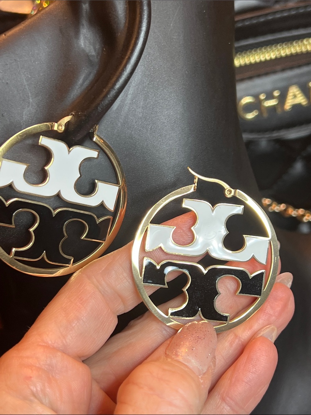 Gold-Tone Hoop Earrings with Black & White Enamel Accents - Picture 7 of 7